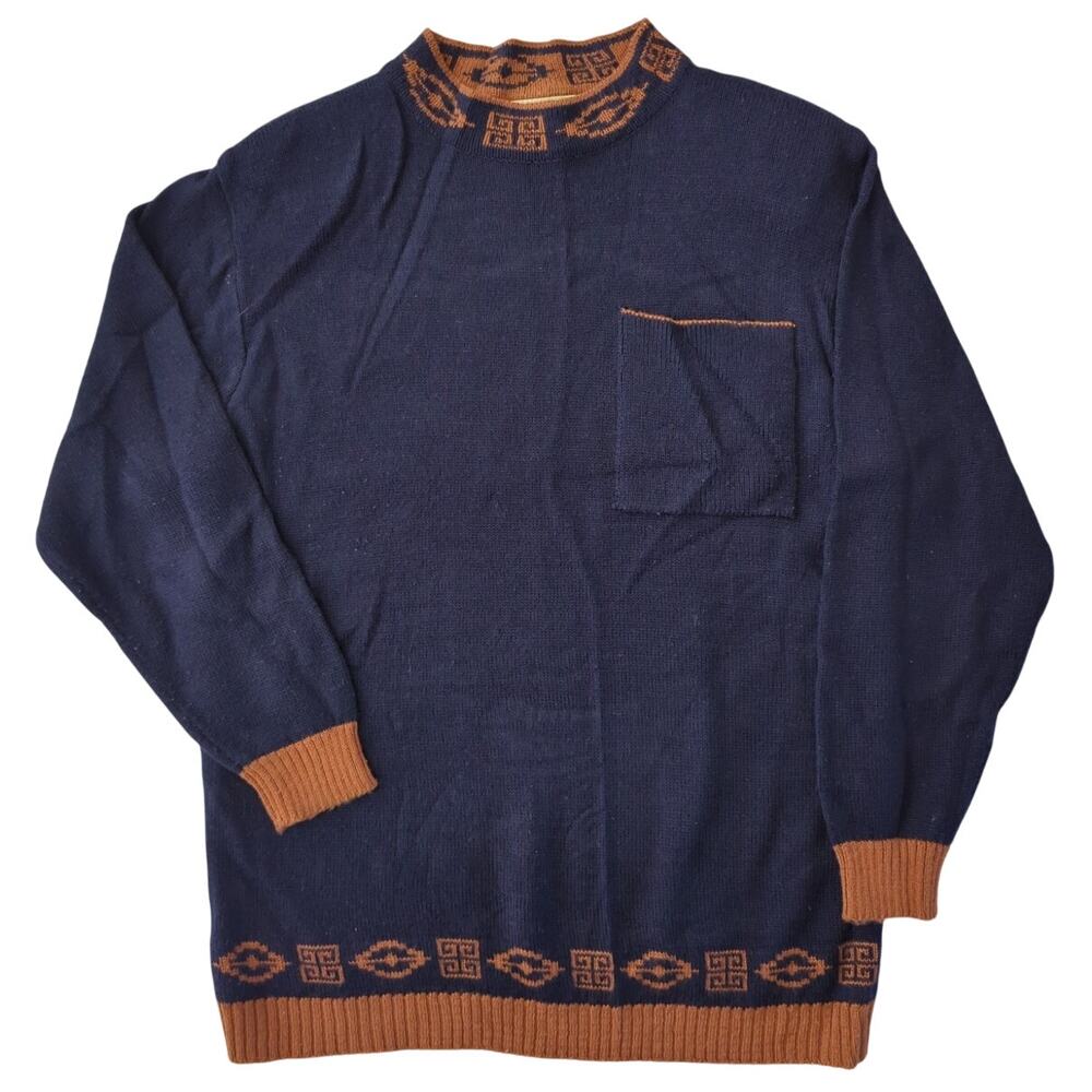 COS COB Wool Blend Navy Brown Geometric Aztec Mock Neck Sweater Women's Size M